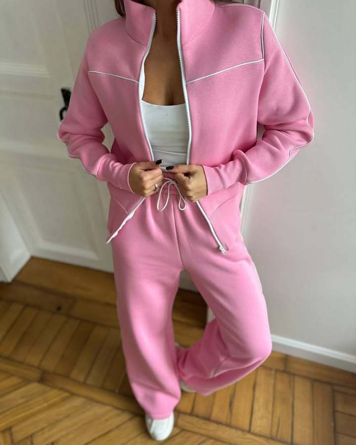Damen Zweiteiliges Jogginganzug-Set mit Stehkragen, Kontrastpaspel und weitem Bein EB