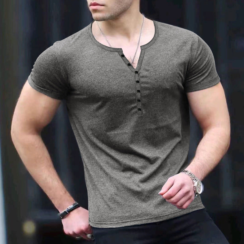 Herren Kurzarm-Henley-T-Shirt mit Knopfleiste und weichem Baumwollmaterial EB