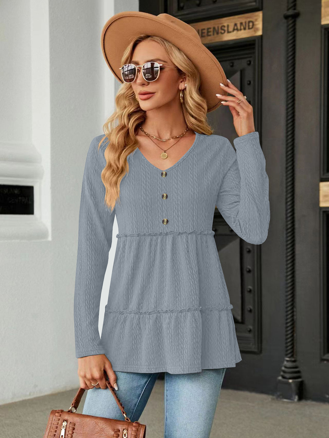 Damen Langarm Tunika mit Knopfdetail und Volant EB