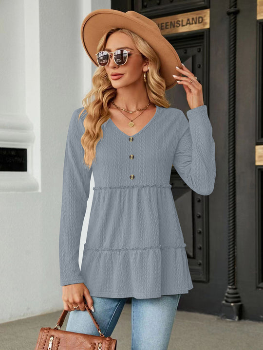 Damen Langarm Tunika mit Knopfdetail und Volant EB