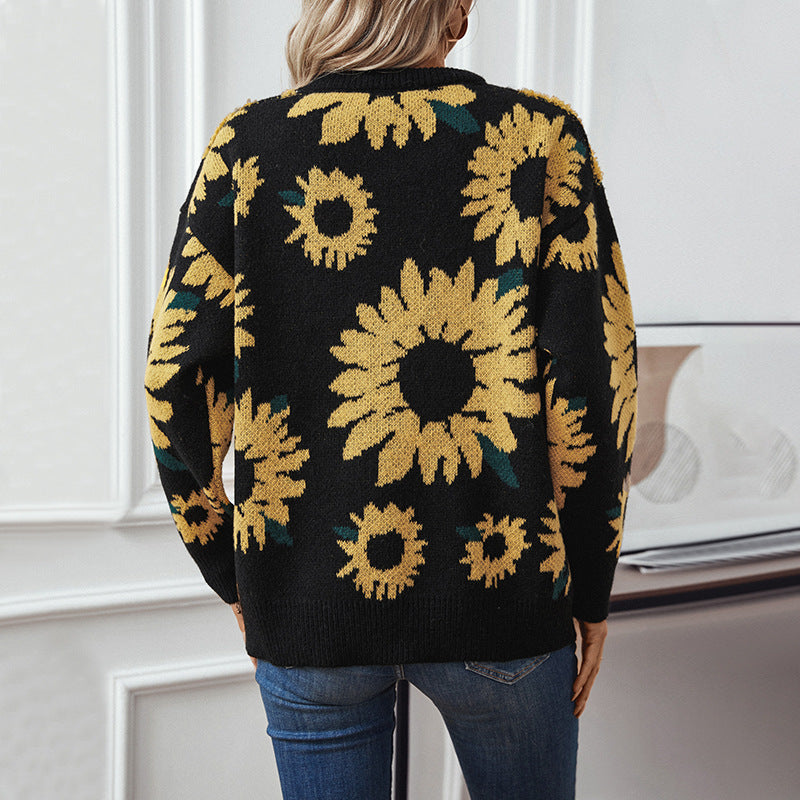 Damen kuscheliger Pullover mit Sonnenblumenmotiv EB