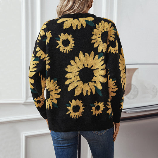 Damen kuscheliger Pullover mit Sonnenblumenmotiv EB