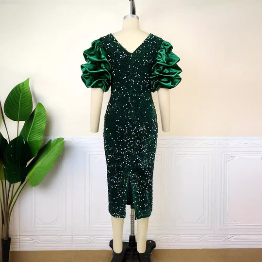 Damen glamouröses Abendkleid mit Puffärmeln EB
