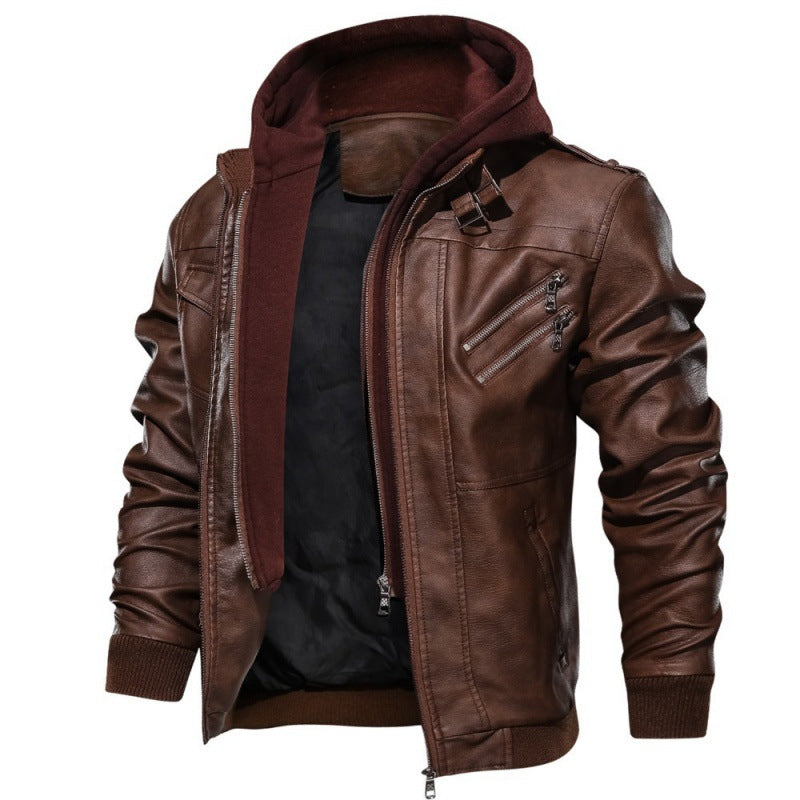 Herren Kunstlederjacke mit abnehmbarer Kapuze und praktischen Taschen EB