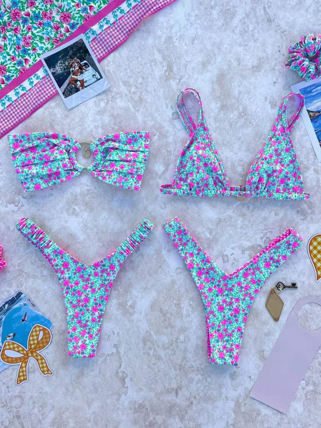 Damen Bikini-Set mit modischem Rüschendesign und floralem Muster EB