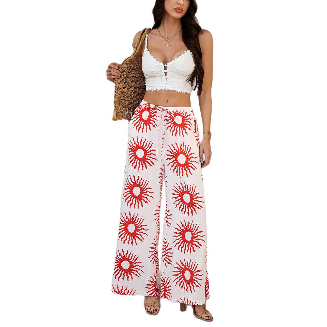 Damen nan weite Palazzo-Hose mit Kordelbund, Eingrifftaschen und mediterranem Kachelprint EB