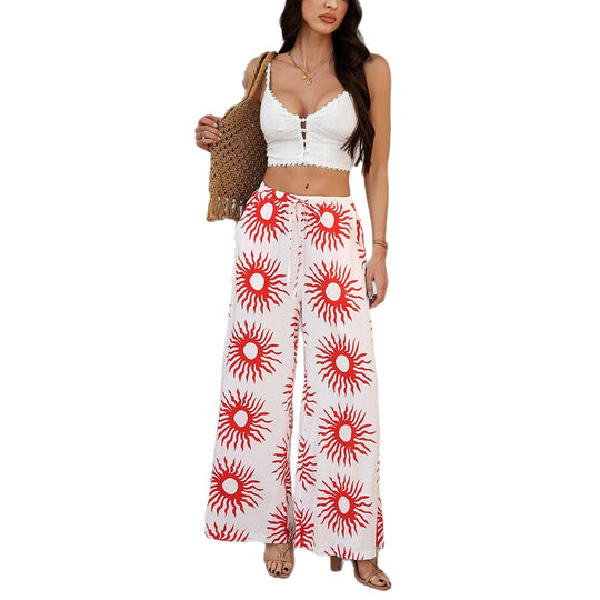 Damen nan weite Palazzo-Hose mit Kordelbund, Eingrifftaschen und mediterranem Kachelprint EB