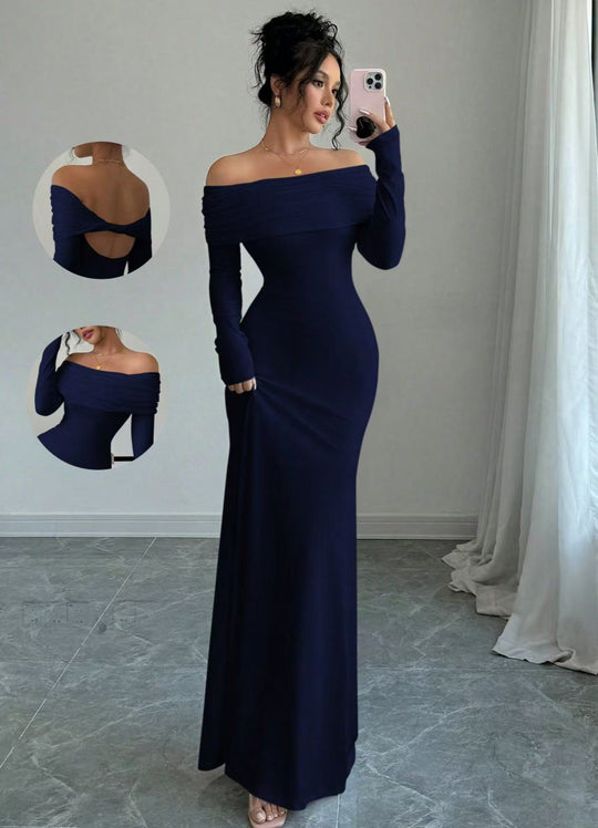 Damen Elegantes Off-Shoulder-Maxikleid mit figurbetontem Schnitt und langen Ärmeln EB