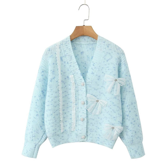 Damen Strickjacke mit dekorativen Schleifen und zartem Muster EB