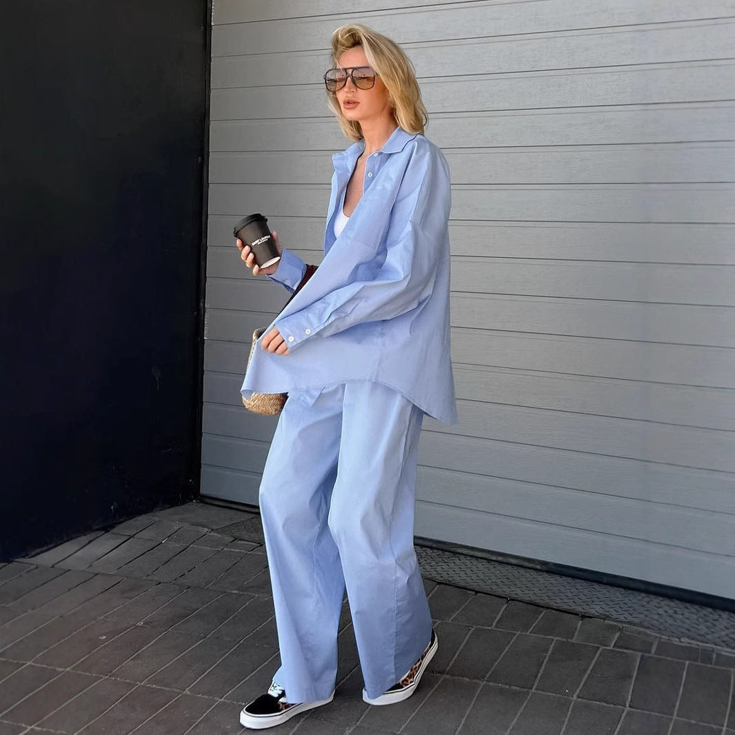 Damen Bequemes Set aus Oversized Hemd und Weiten Hosen EB