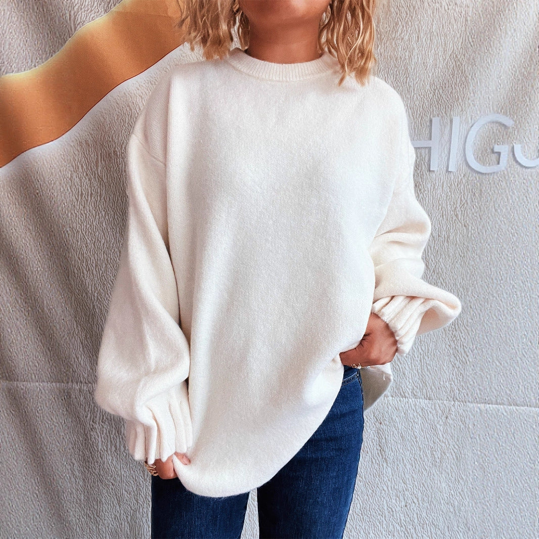 Damen lässiger Strickpullover mit weitem Rundhalsausschnitt und fluffiger Textur EB