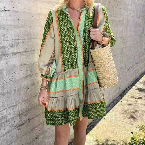 Damen Langarmhemdkleid mit elegantem Muster und Rüschensaum EB