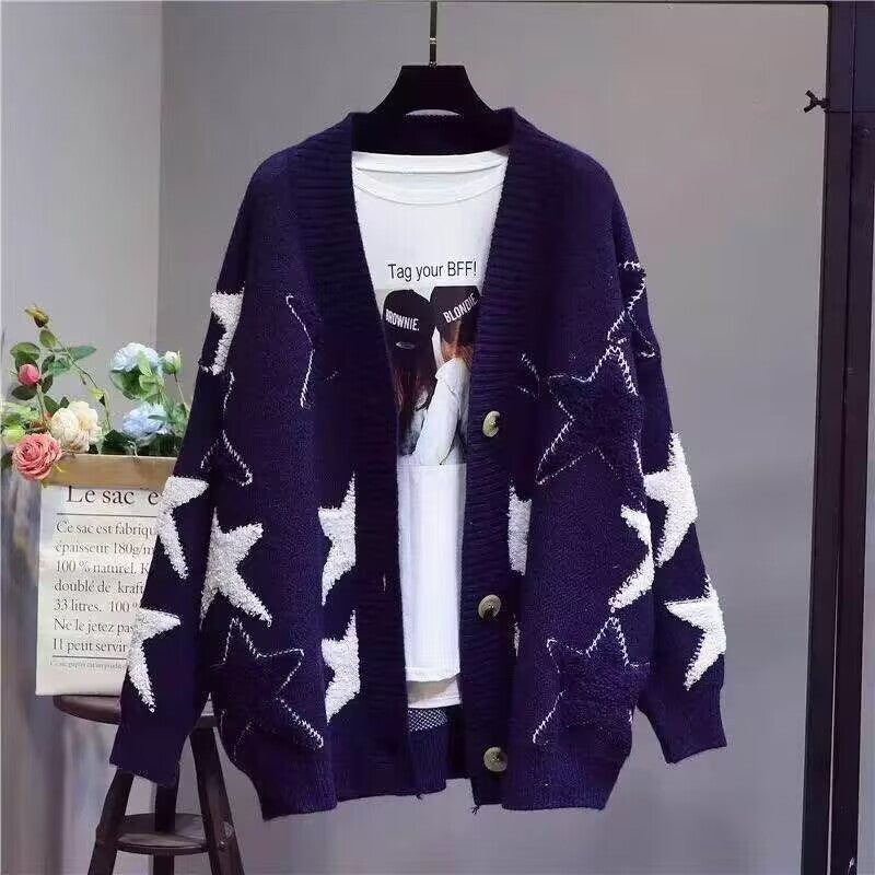 Damen Grobstrick-Cardigan mit Sternenmuster und tiefem V-Ausschnitt EB