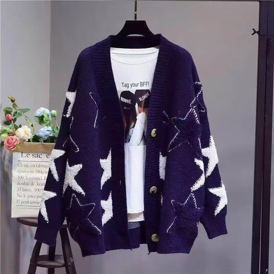 Damen Grobstrick-Cardigan mit Sternenmuster und tiefem V-Ausschnitt EB