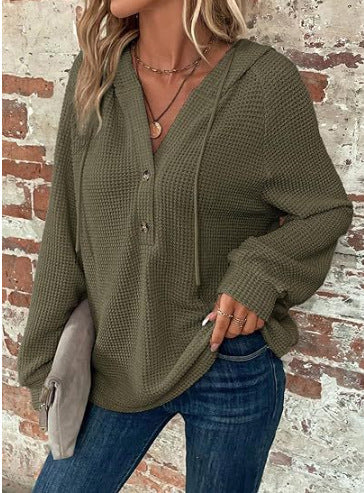 Damen lässiger Kapuzenpullover mit Knopfdetails und strukturiertem Gewebe EB