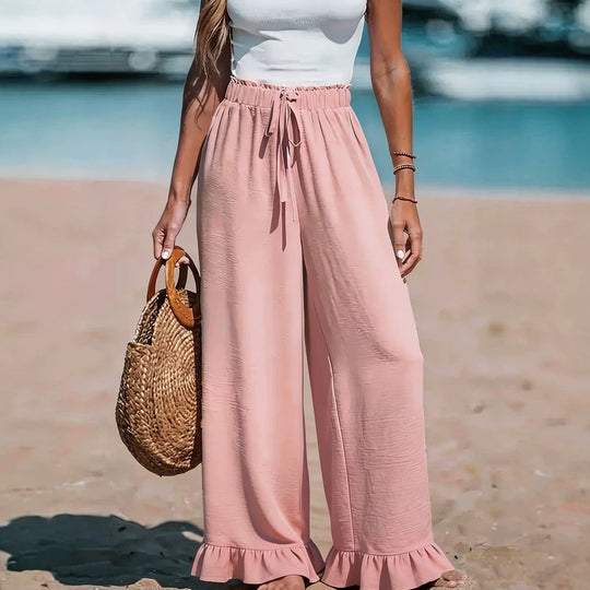 Damen Leichte Leinenhose mit weitem Bein und elastischem Bund EB