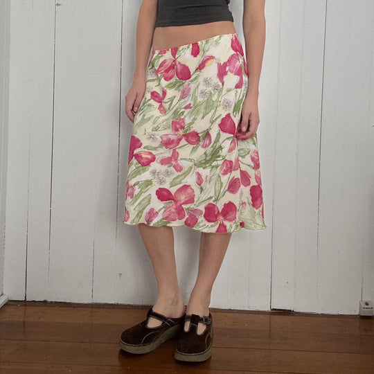 Damen nan ausgestellter Midirock mit floralem Aquarelldruck und hoher Taille EB