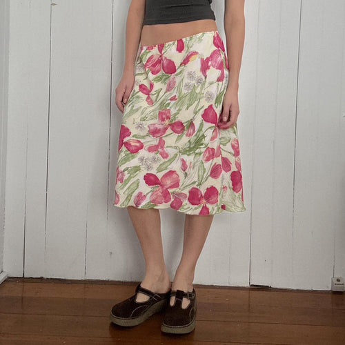 Damen nan ausgestellter Midirock mit floralem Aquarelldruck und hoher Taille EB