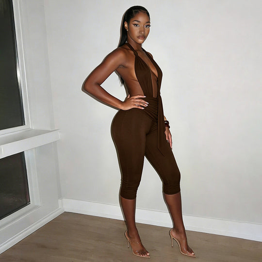 Damen Eleganter Jumpsuit mit tiefem V-Ausschnitt und figurformendem Design EB