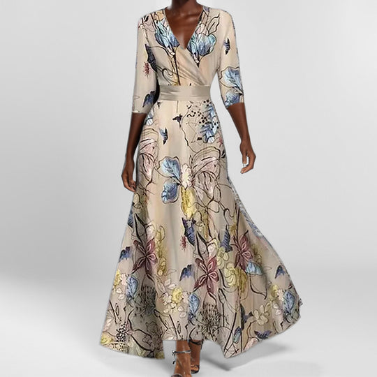 Damen Maxikleid mit Wickeloberteil, Taillengürtel und fließendem Satinrock EB