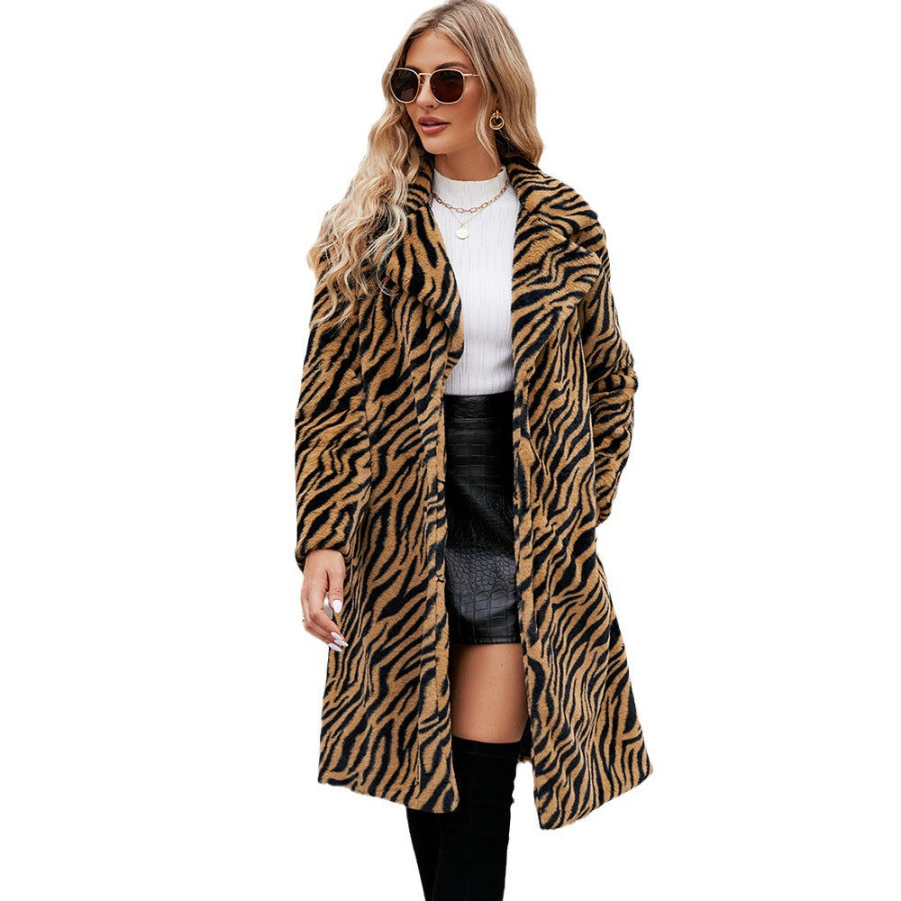 Damen Eleganter Kunstpelzmantel im Zebra-Design EB