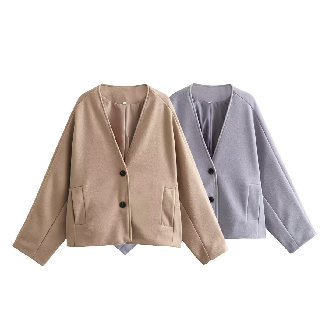 Damen modische Kurzjacke mit elegantem Revers und praktischen Taschen EB