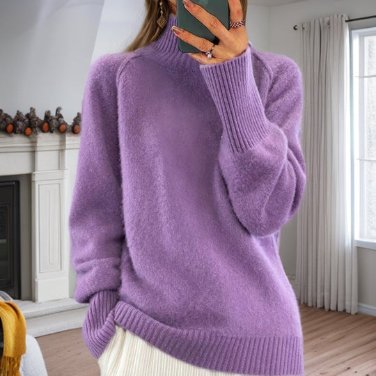 Damen nan kuscheliger Feinstrickpullover mit Rundhalsausschnitt, überschnittener Schulterpartie und gerippten Bündchen EB