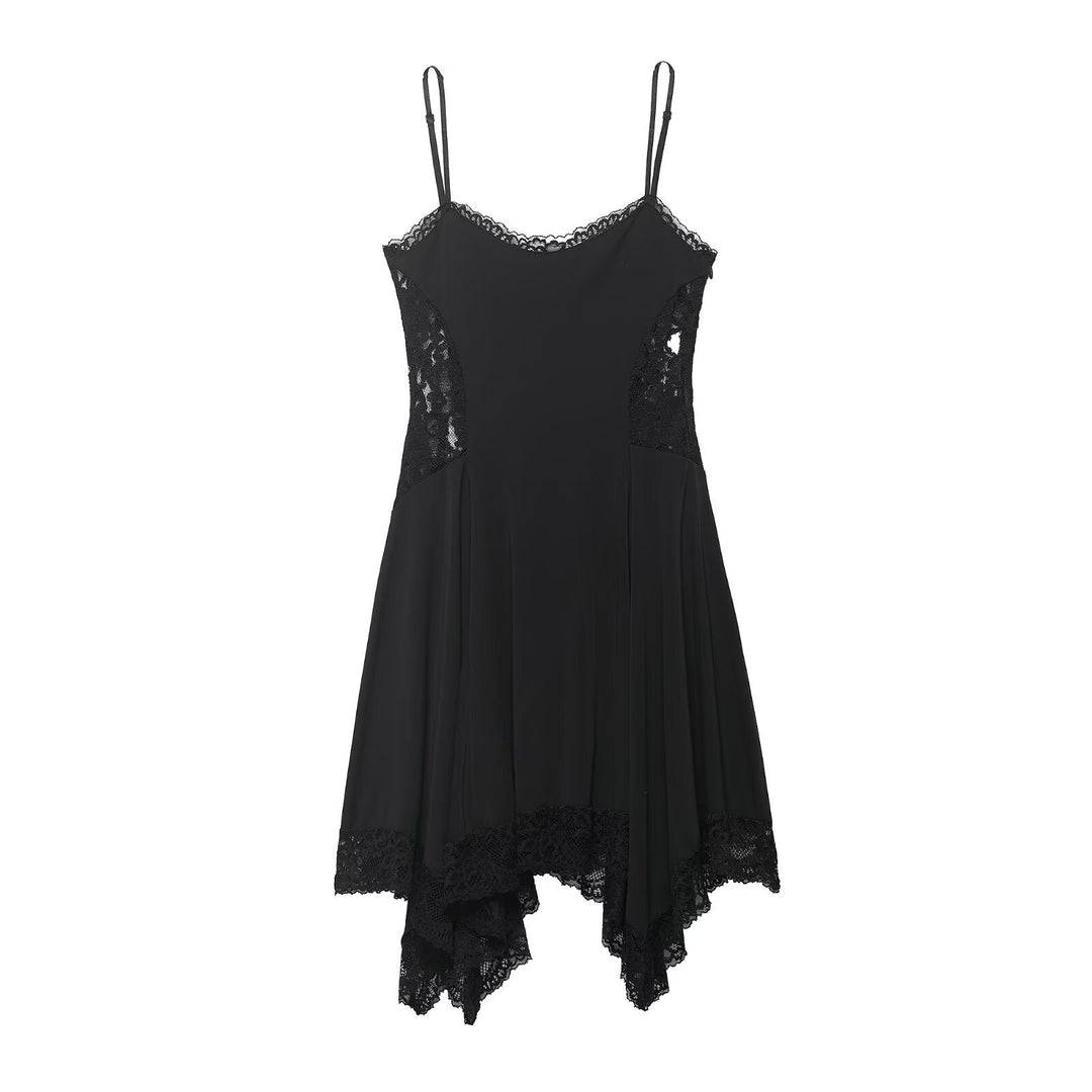 Damen Spitzen- und Satin-Kleid mit asymmetrischem Saum und verstellbaren Trägern EB