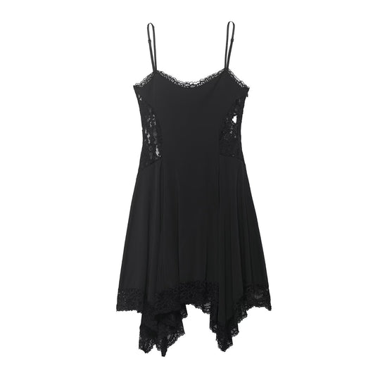 Damen Spitzen- und Satin-Kleid mit asymmetrischem Saum und verstellbaren Trägern EB
