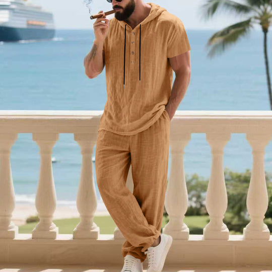Herren komfortables Freizeit-Set mit modischem Henley-Oberteil und lockeren Hosen EB