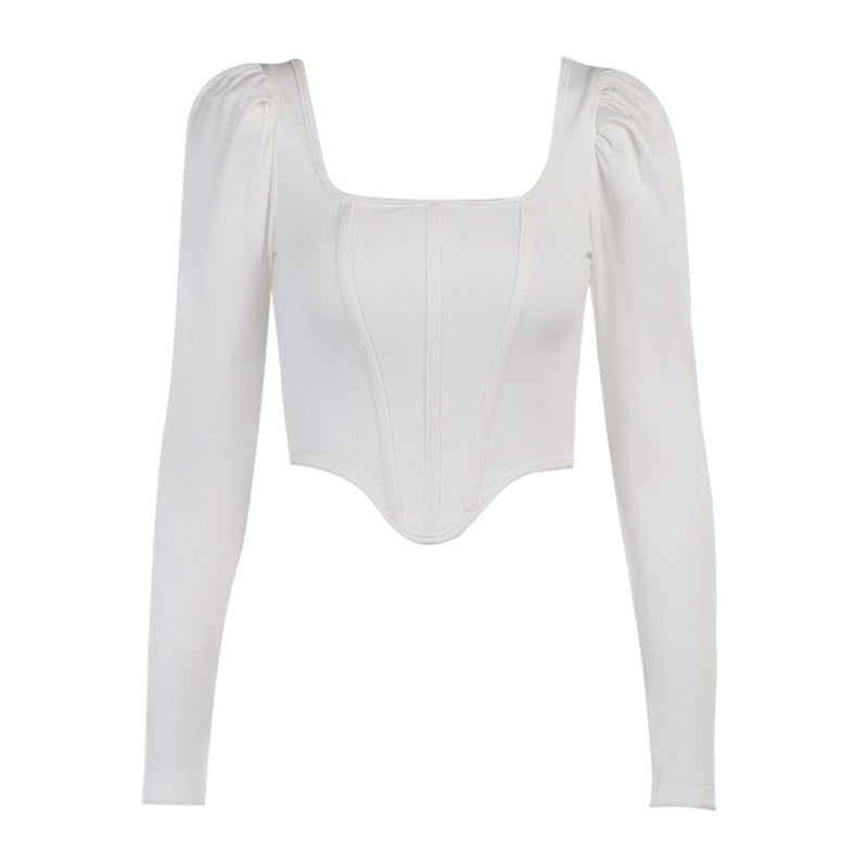Damen tailliertes Oberteil mit eleganten Puffärmeln und quadratischem Ausschnitt EB