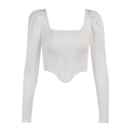 Damen tailliertes Oberteil mit eleganten Puffärmeln und quadratischem Ausschnitt EB