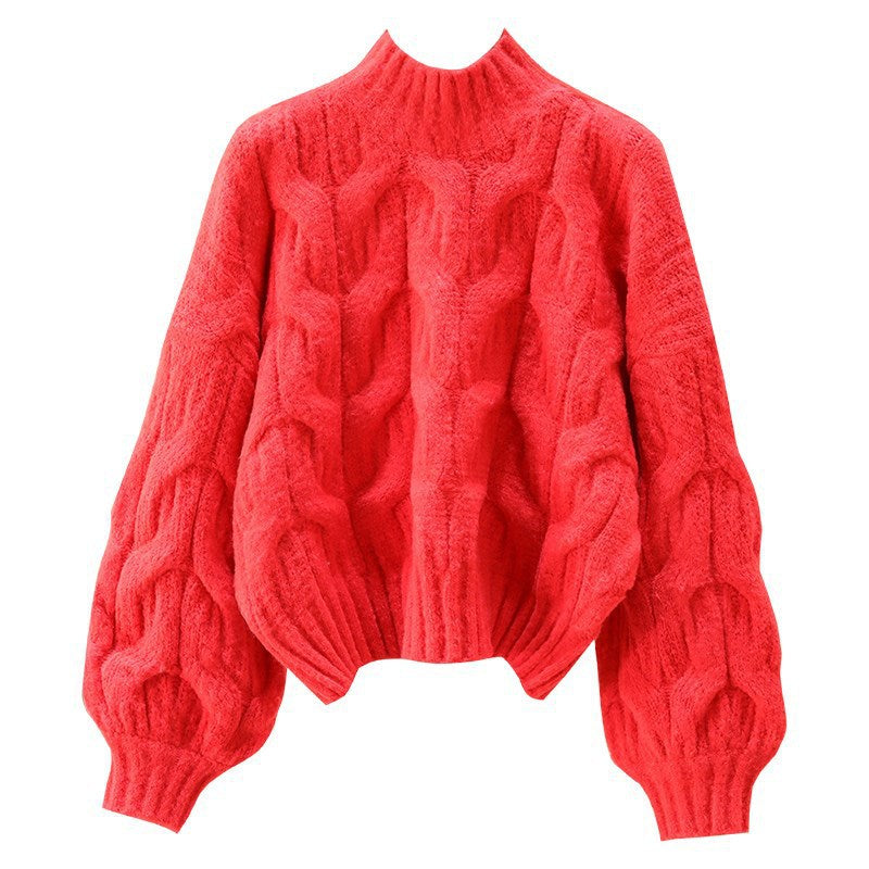 Damen kuscheliger Strickpullover mit voluminösen Ärmeln und Zopfmuster EB