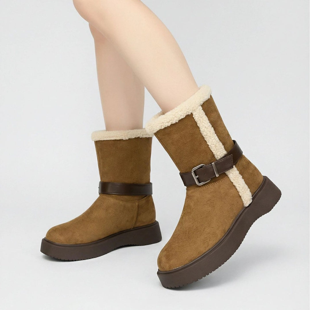 Damen Modische und warme Stiefel mit kuscheligem Innenfutter und praktischer Schnalle EB