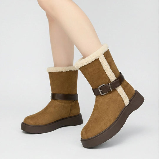 Damen Modische und warme Stiefel mit kuscheligem Innenfutter und praktischer Schnalle EB