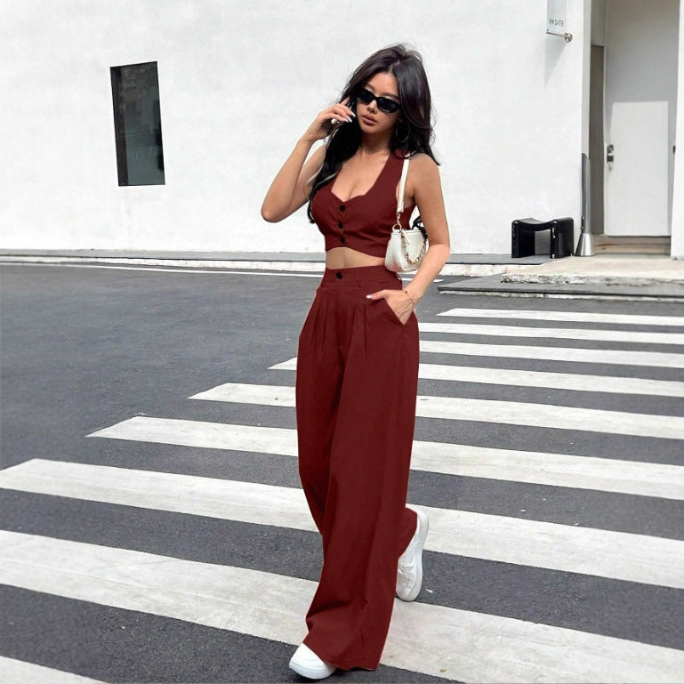 Damen Zweiteiliges Set mit tailliertem Top und weiten Hosen EB