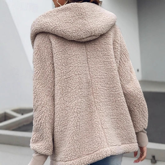Damen Flauschige Teddyjacke mit oversized Kragen und praktischen Taschen EB