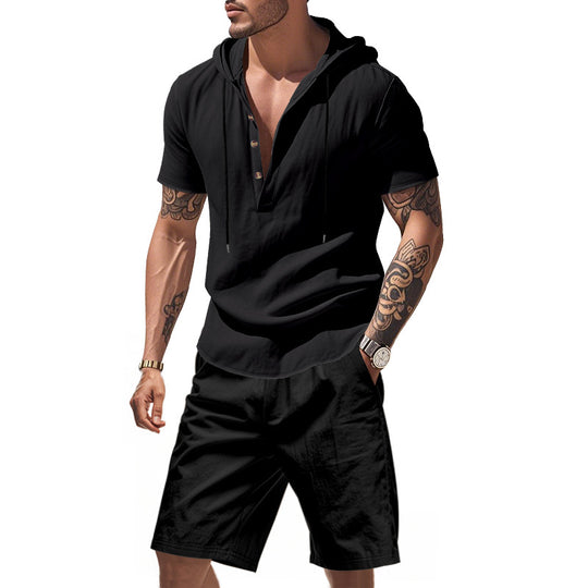 Herren lässiges Kurzarmhemd mit Kapuze und Shorts EB