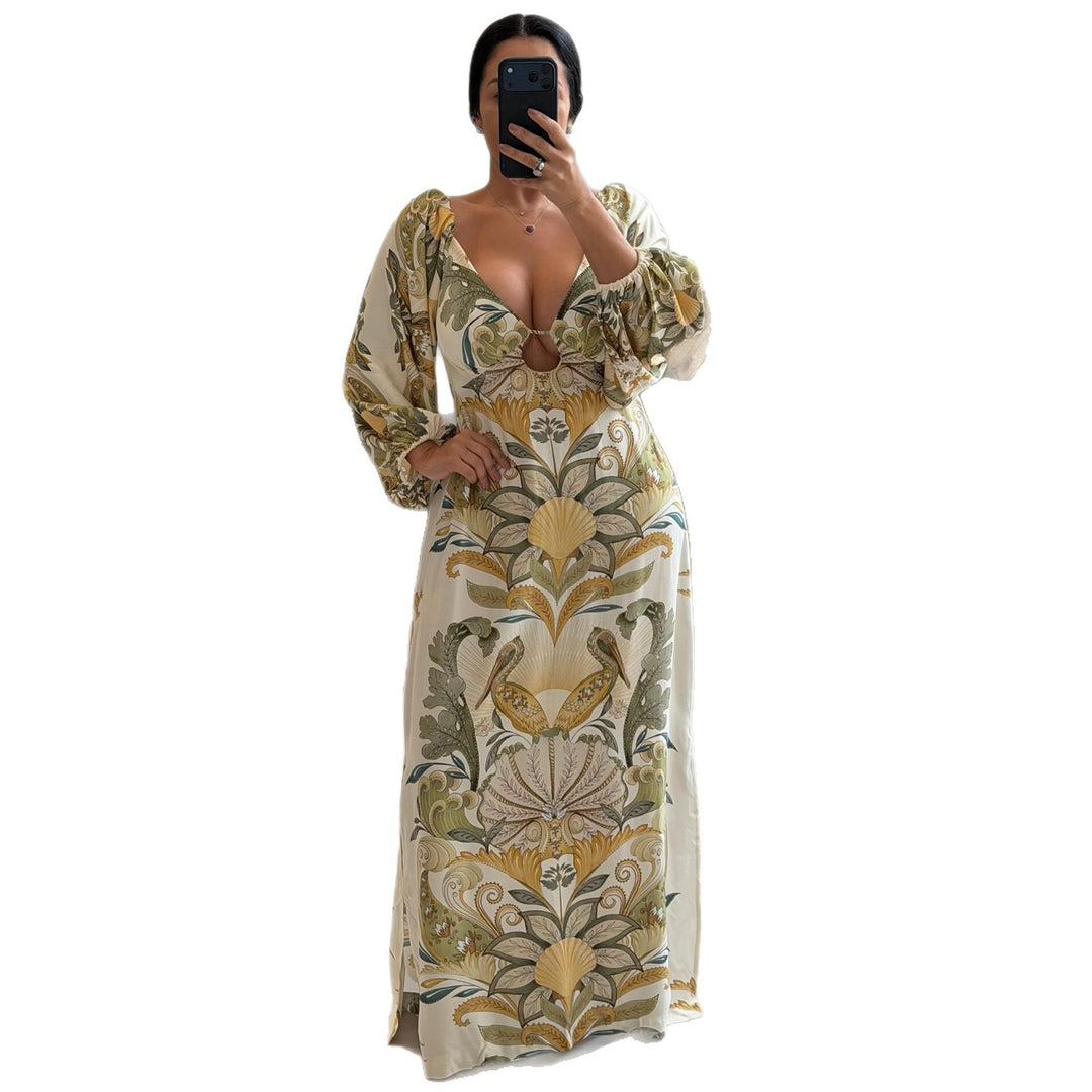 Damen Maxikleid mit kunstvollem Floral-Design und tiefem V-Ausschnitt EB