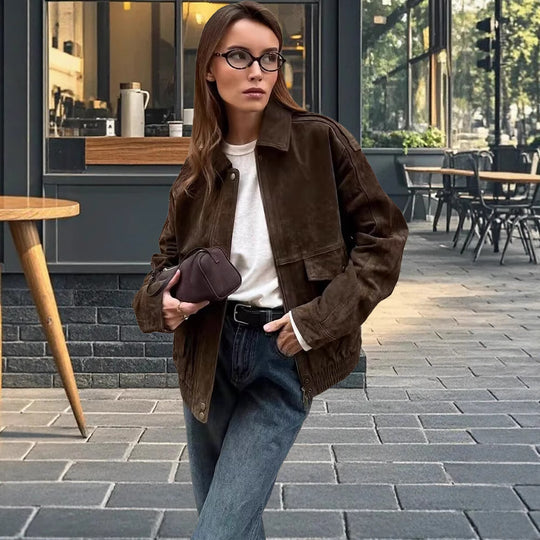 Damen modische Wildlederjacke mit Oversized-Schnitt EB