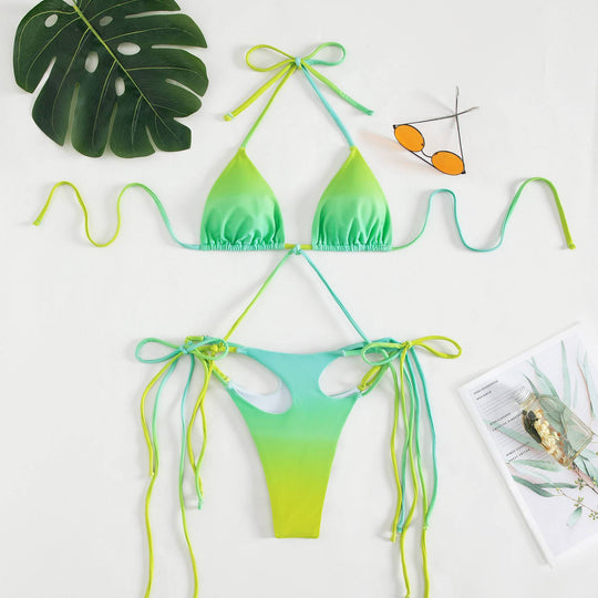 Damen Triangel-Bikini mit stylischen Bindebändern und einzigartigem Farbverlauf EB