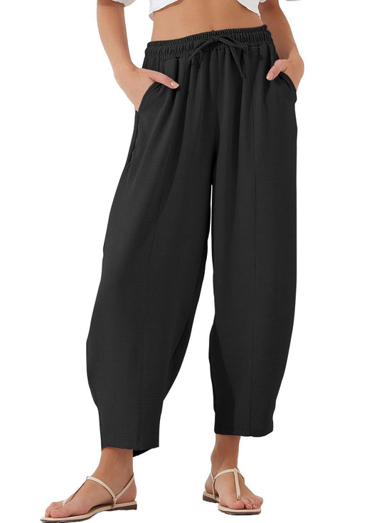 Damen Bequeme, weit geschnittene Sommerhose mit elastischem Bund und seitlichen Taschen EB