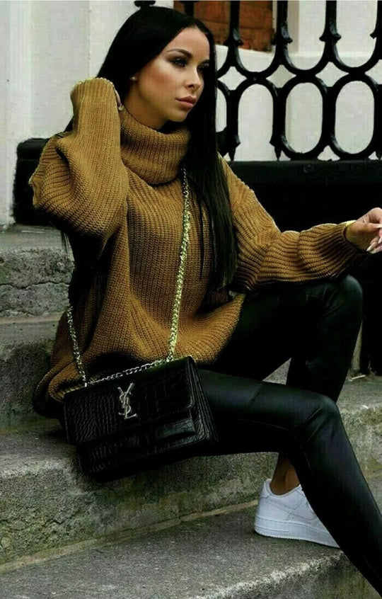 Damen Oversized Strickpullover mit hohem Kragen und modernem Schnitt EB