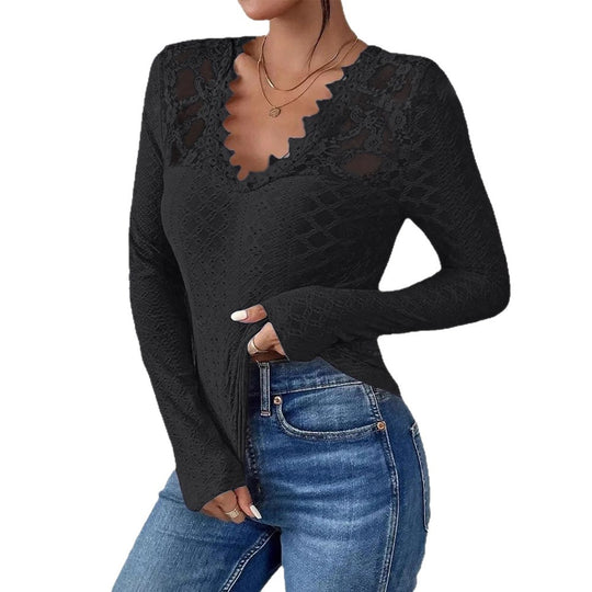 Damen nan figurbetontes Spitzen-Langarmshirt mit gezacktem V-Ausschnitt EB