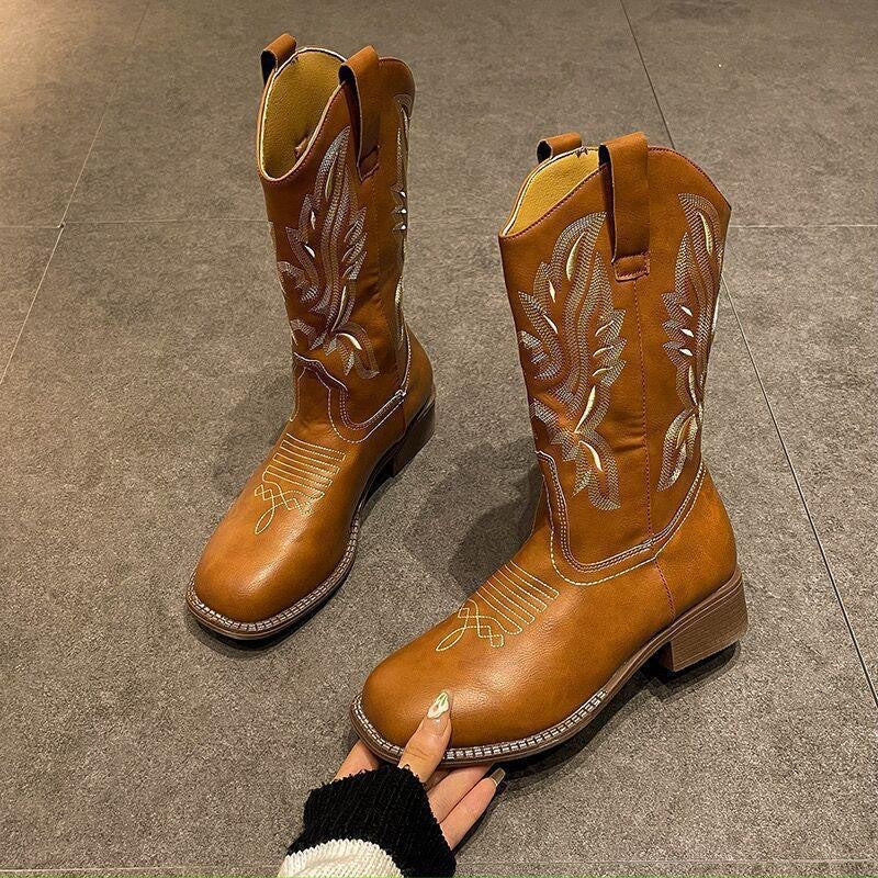 Damen Westernstiefel mit filigraner Stickerei und bequemem Blockabsatz EB