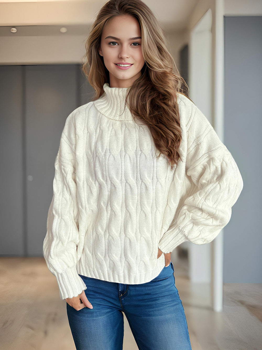 Damen Strickpullover mit hohem Kragen und strukturierter Zopfoptik EB