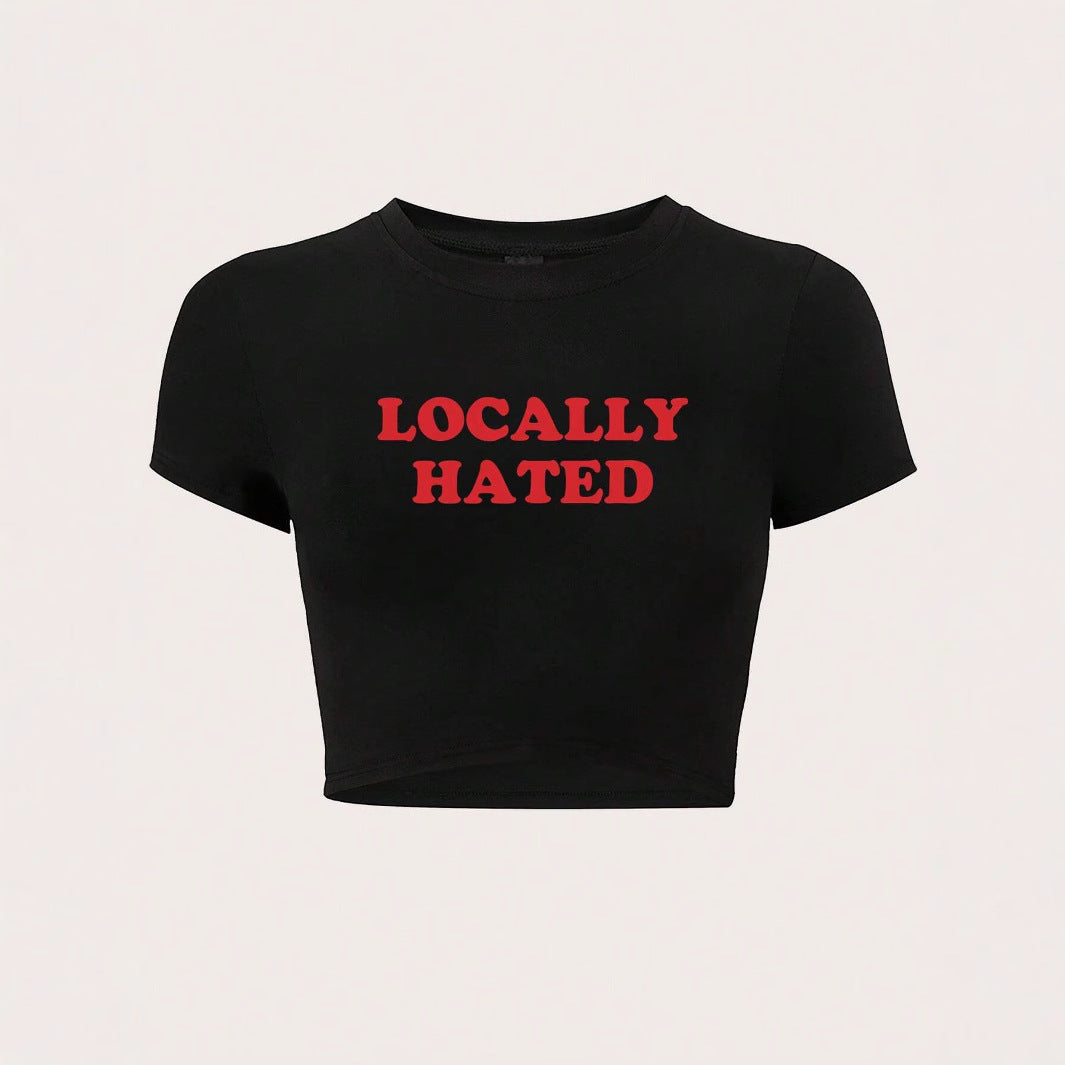 Damen Crop-T-Shirt mit auffälligem Schriftzug und figurbetontem Design EB