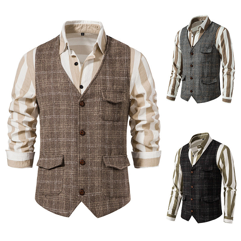 Herren nan kariertes Wollmix Gilet mit Brusttasche und aufgesetzten Seitentaschen EB