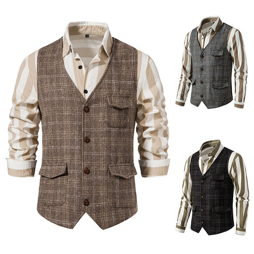 Herren nan kariertes Wollmix Gilet mit Brusttasche und aufgesetzten Seitentaschen EB