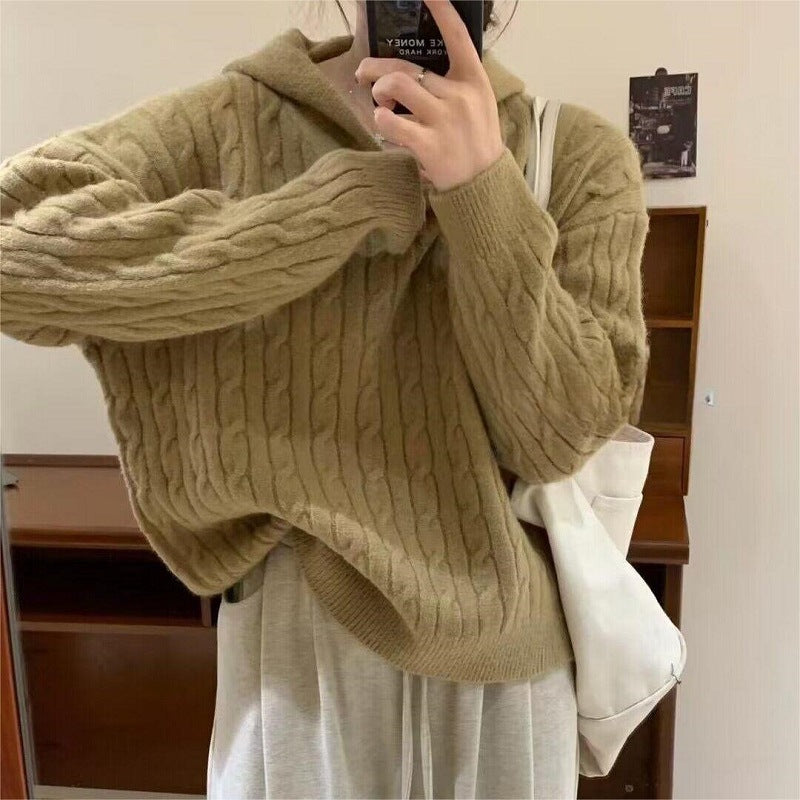 Damen Kuscheliger Strickpullover mit Kapuze und Kabelmuster EB